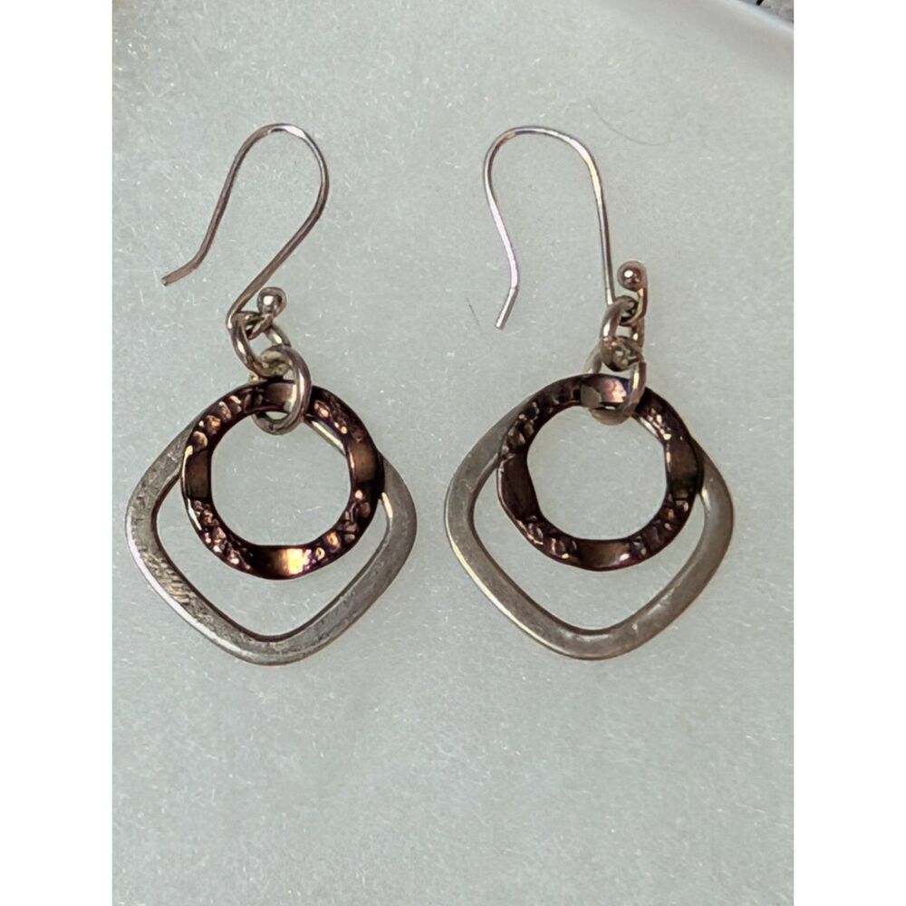 925 Sterling Silver Two Tone Geometric Dangle Earrings